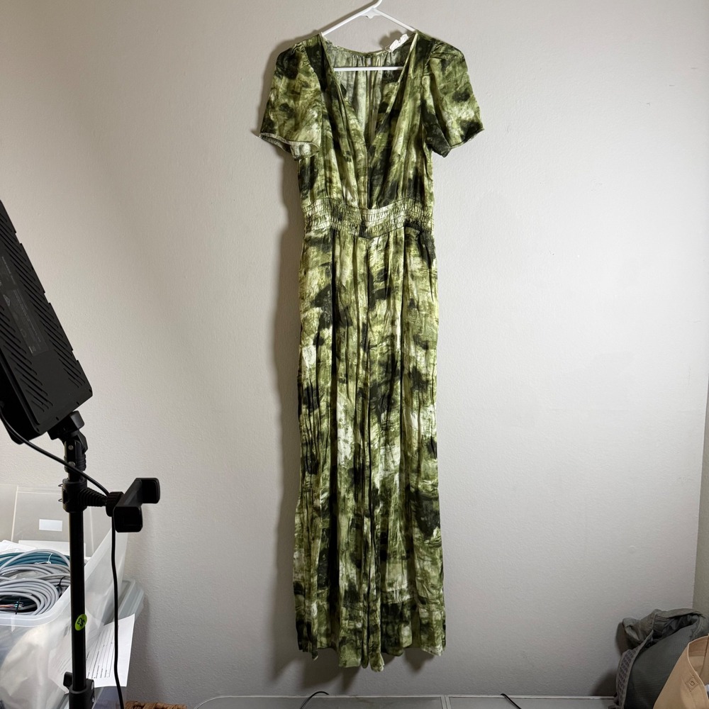Anthropologie Green Tie Dye Wide Leg Jumpsuit Smocked Waist XS OB1816387‎